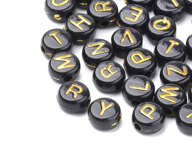 200 perles lettres alphabet rondes en plastique - noir et doré