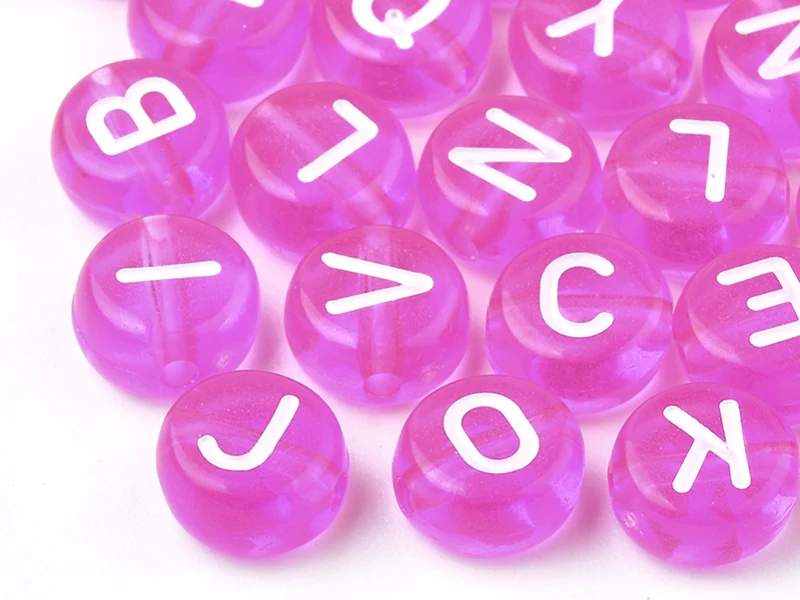 200 perles rondes en plastique transparent - lettres alphabet - rose fuschia - 7 mm