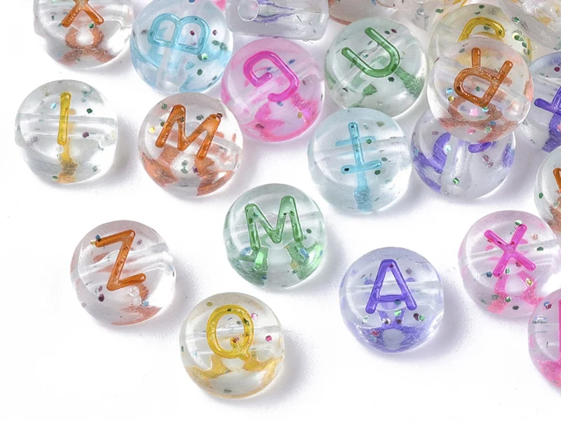 200 perles rondes en plastique transparent à paillettes - lettres alphabet - multicolore