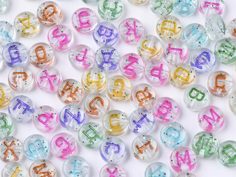 200 perles rondes en plastique transparent à paillettes - lettres alphabet - multicolore