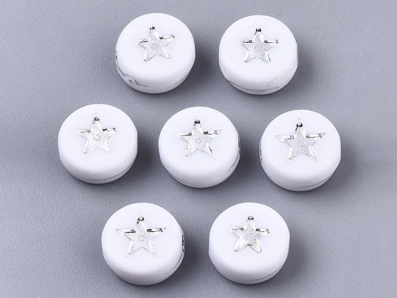 20 perles rondes en plastique - étoiles - argenté et blanc