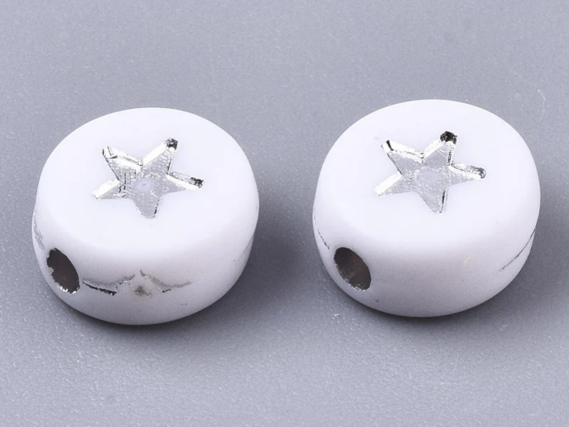 20 perles rondes en plastique - étoiles - argenté et blanc