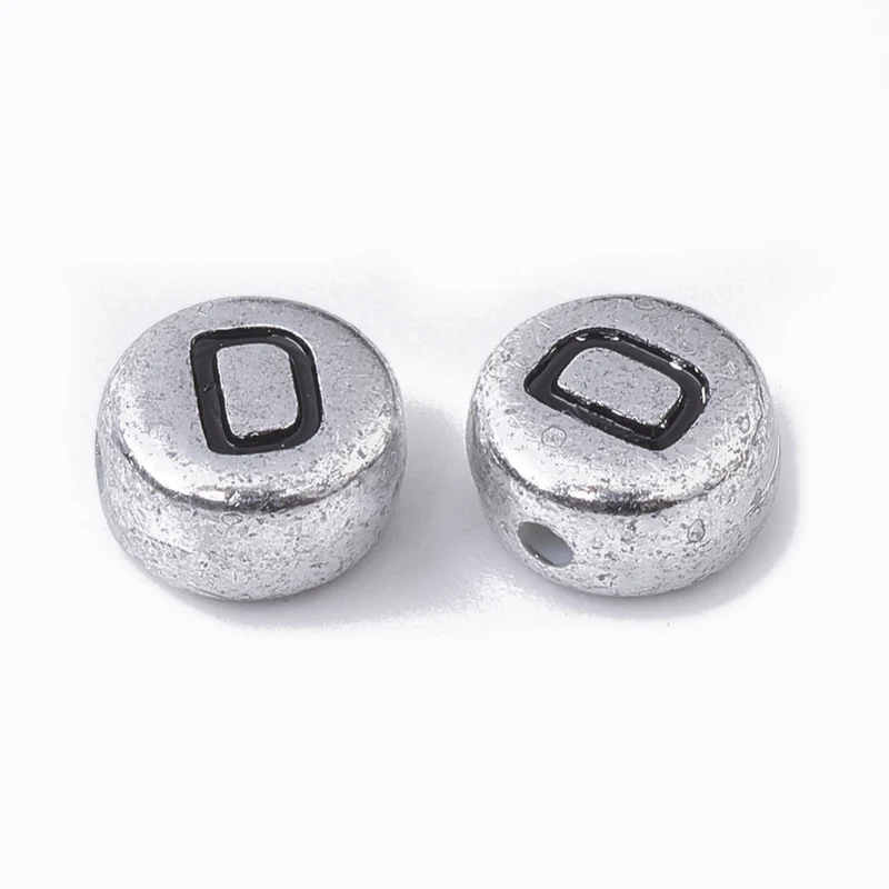 200 perles rondes en plastique - lettres alphabet - argenté et noir