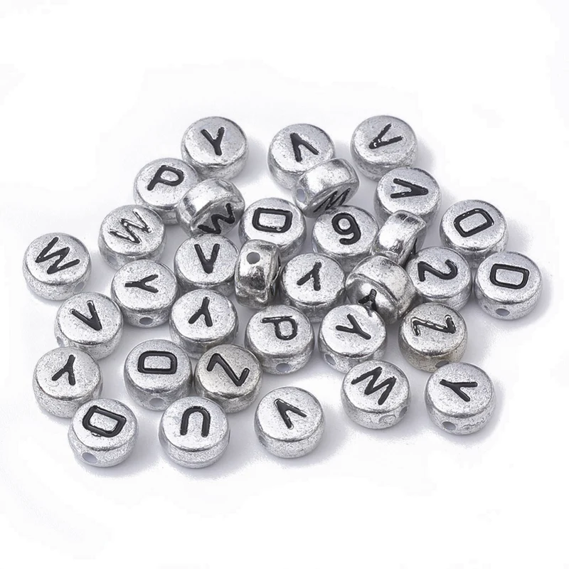 200 perles rondes en plastique - lettres alphabet - argenté et noir