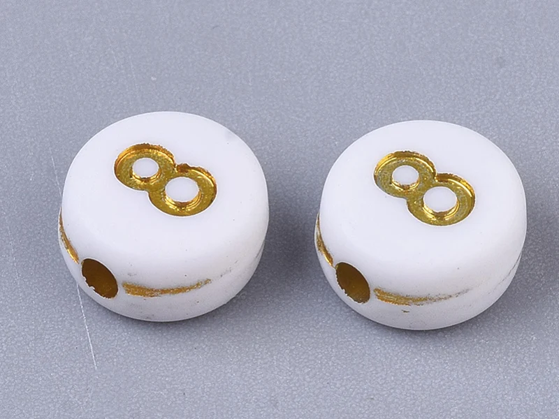 200 perles rondes en plastique - chiffres - blanches et dorées
