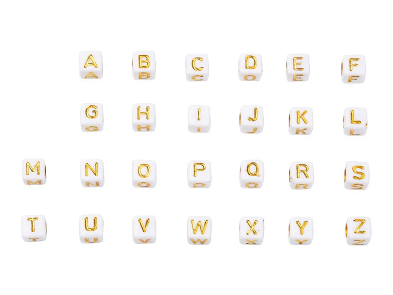 Boite de 934 perles carrées en plastique - lettres alphabet - dorées et blanches