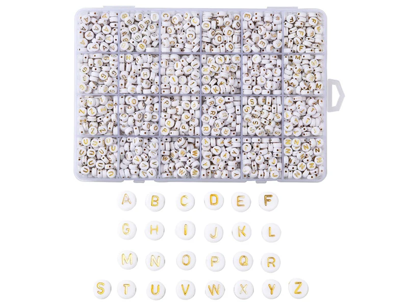 Boite de 1898 perles rondes en plastique - lettres alphabet - dorées