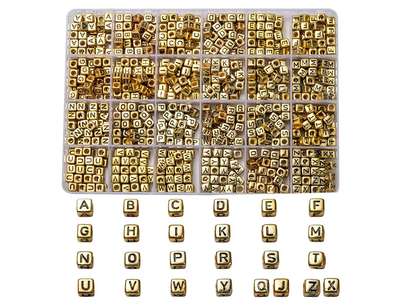 Boite de 934 perles lettres alphabet carrées - dorées