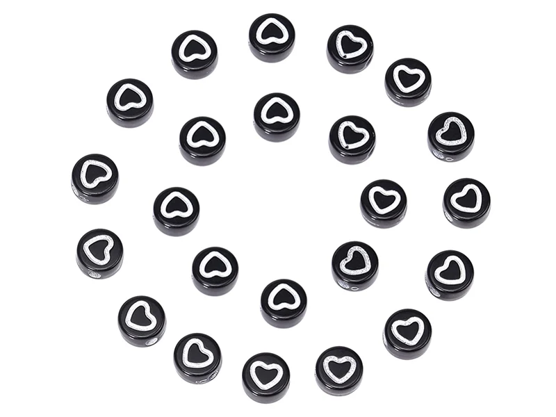 20 perles rondes en plastique - cœurs - noir et blanc