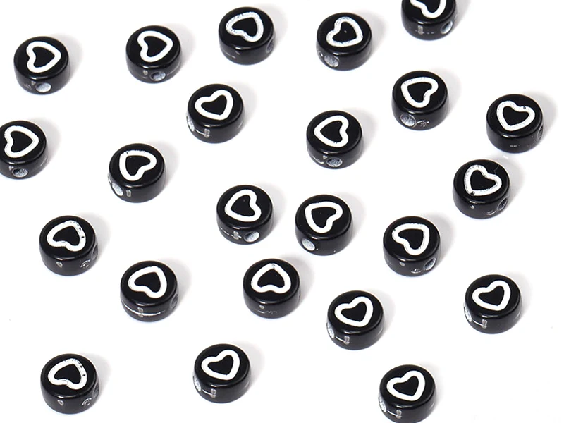 20 perles rondes en plastique - cœurs - noir et blanc