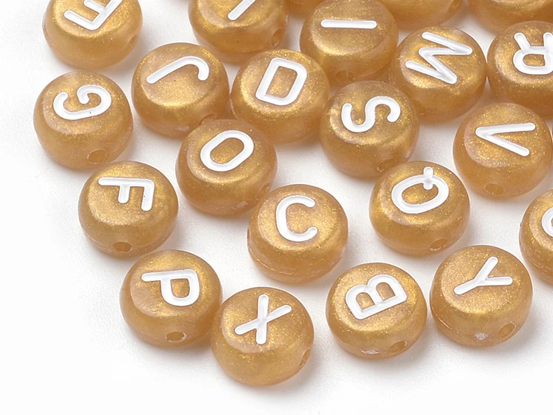 200 perles lettres alphabet rondes en plastique - doré
