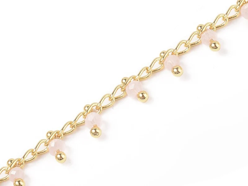 Chaine perles facettes - rose poudre - doré à l'or fin 18K x 20 cm