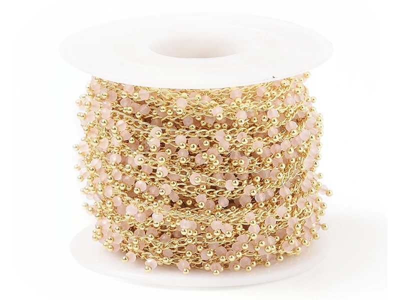 Chaine perles facettes - rose poudre - doré à l'or fin 18K x 20 cm