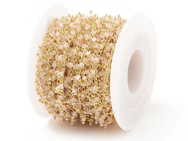 Chaine perles facettes - rose poudre - doré à l'or fin 18K x 20 cm