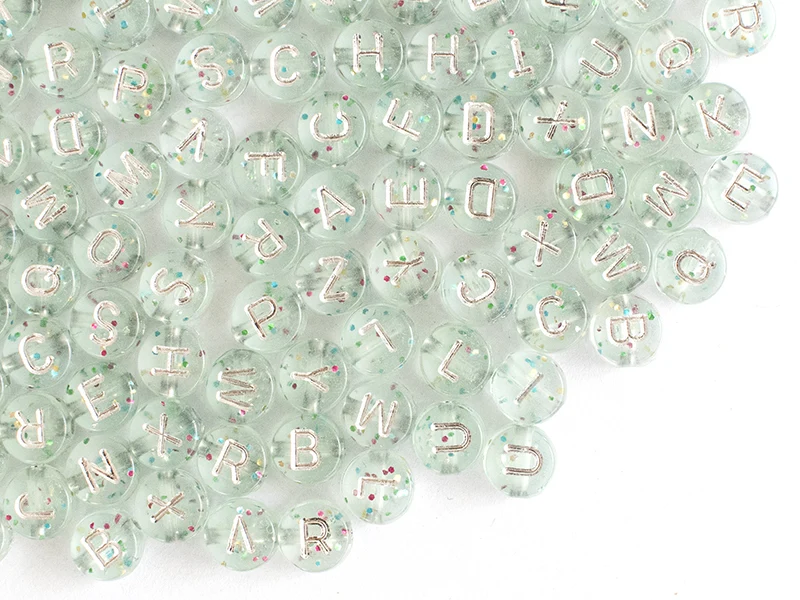 Lot de 200 perles rondes à paillettes - Lettres alphabet argentés