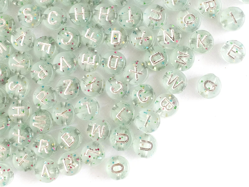 Lot de 200 perles rondes à paillettes - Lettres alphabet argentés