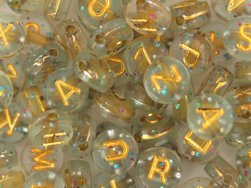 Lot de 200 perles rondes à paillettes - Lettres alphabet dorées