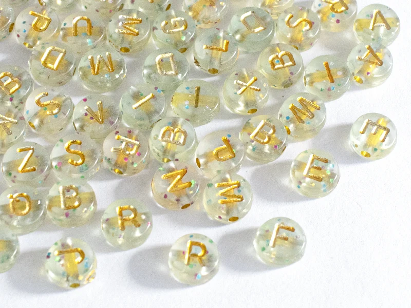 Lot de 200 perles rondes à paillettes - Lettres alphabet dorées